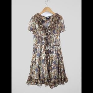 D&G DOLCE & GABBANA Women's Sz IT 38 US 2 S 100% Silk Ruffle Dress Brown Camo